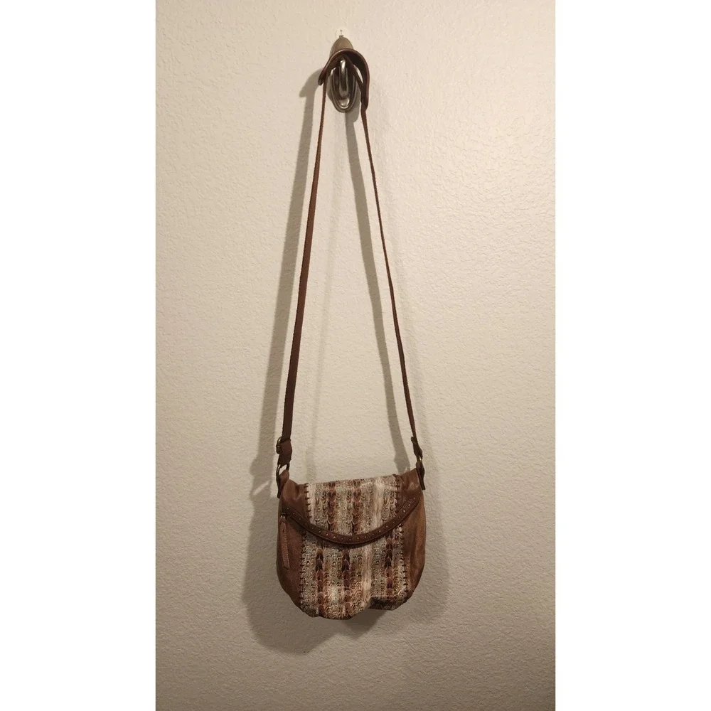The Sak Deena Flap Foldover Brown Leather Crossbody Bag with Studs Feather Print